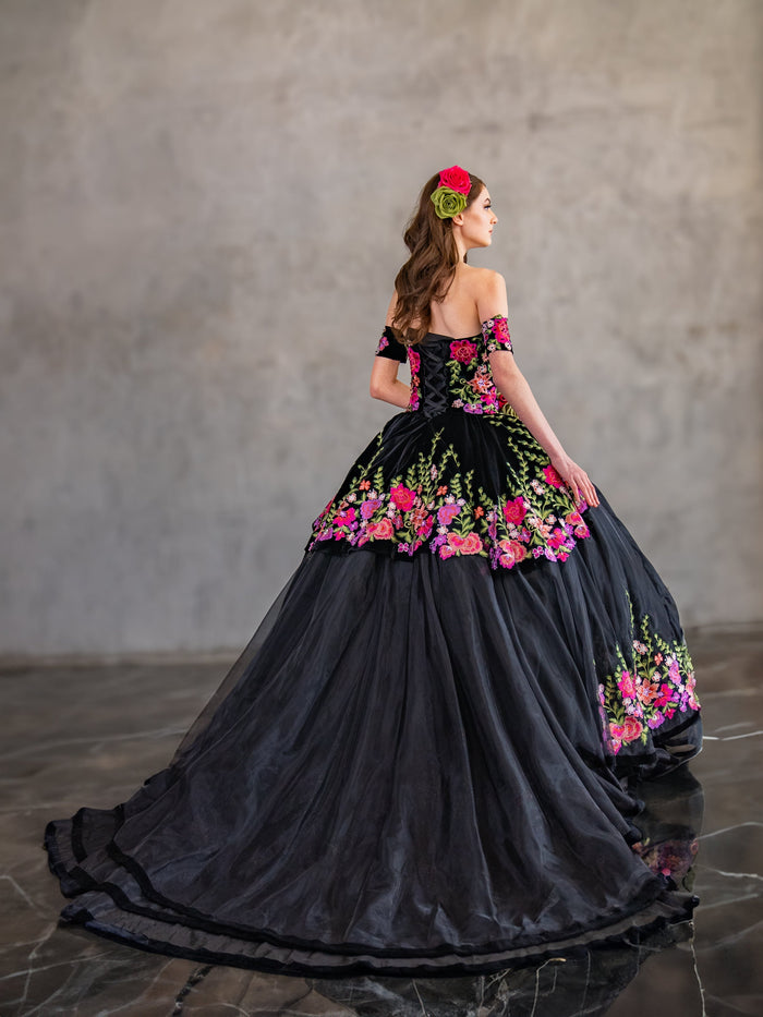 Black Floral Charro Quinceanera Dress Off-Shoulder Ball Gown by Calla SCL30016