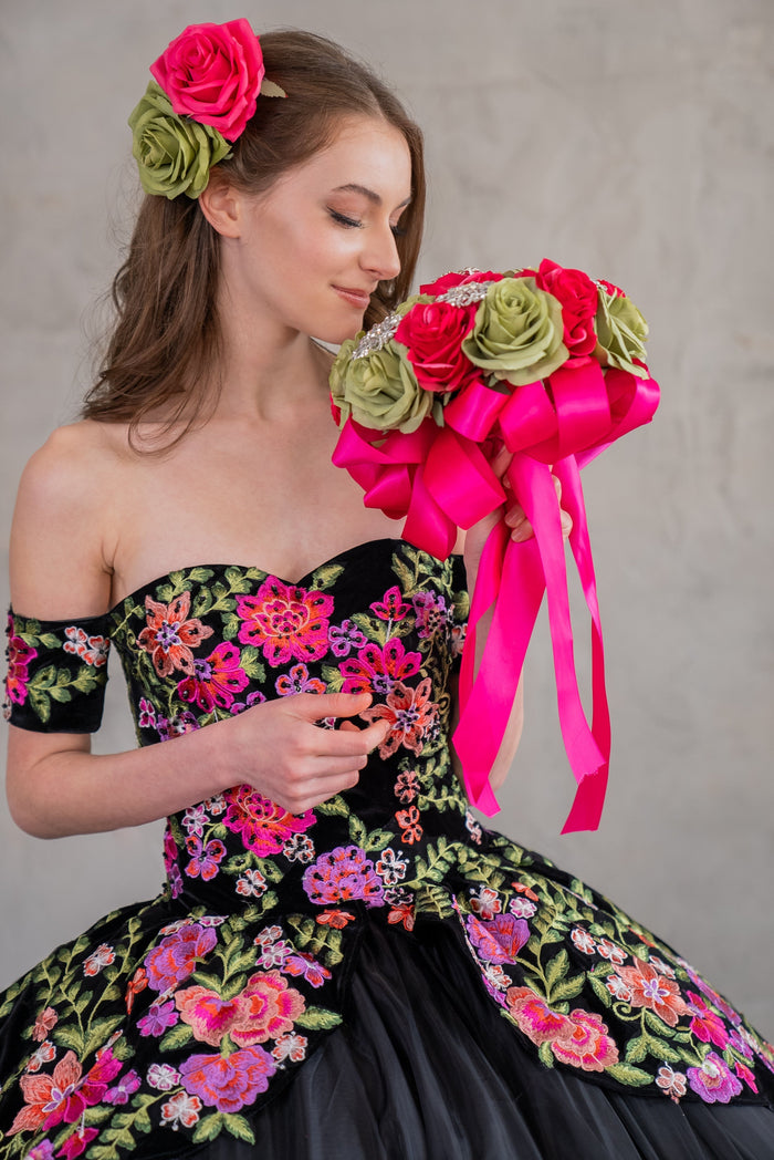 Black Floral Charro Quinceanera Dress Off-Shoulder Ball Gown by Calla SCL30016