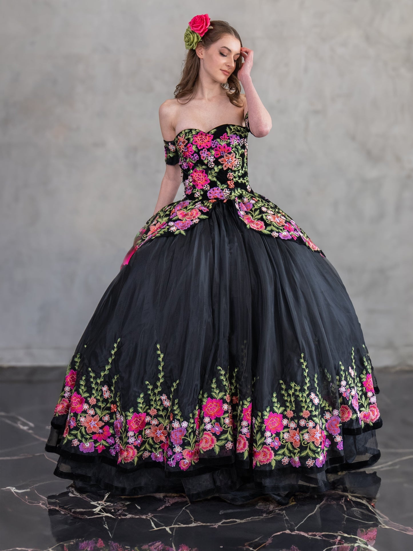 Black Floral Charro Quinceanera Dress Off-Shoulder Ball Gown by Calla SCL30016