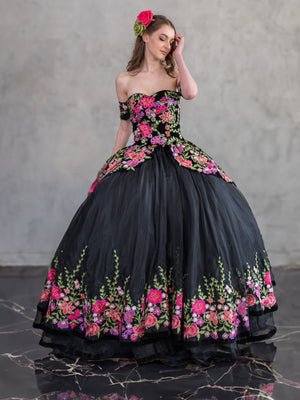 Black Floral Charro Quinceanera Dress Off-Shoulder Ball Gown by Calla SCL30016
