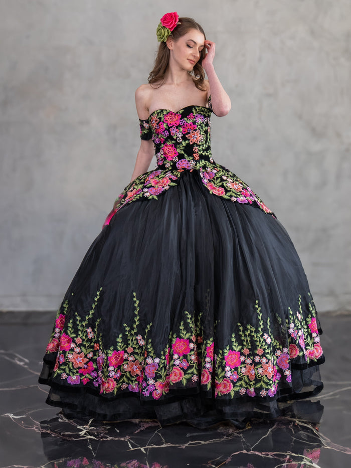 Black Floral Charro Quinceanera Dress Off-Shoulder Ball Gown by Calla SCL30016