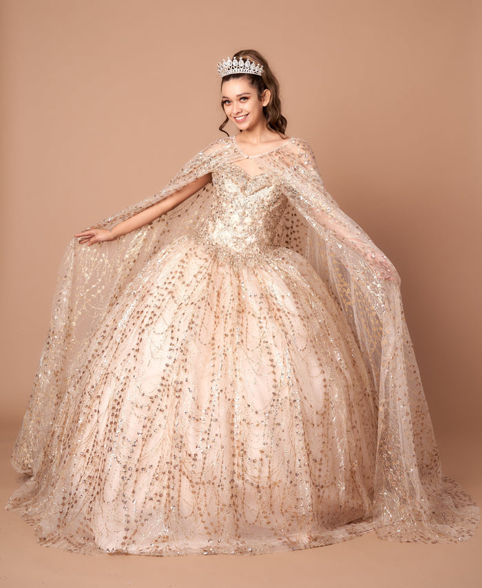 Cape Sleeve Glitter Quinceanera Dress Appliqué Off-Shoulder Ball Gown by Calla SCL-30003
