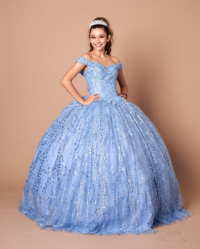 Cape Sleeve Glitter Quinceanera Dress Appliqué Off-Shoulder Ball Gown by Calla SCL-30003
