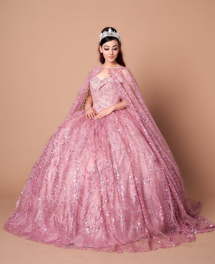 Cape Sleeve Glitter Quinceanera Dress Appliqué Off-Shoulder Ball Gown by Calla SCL-30003
