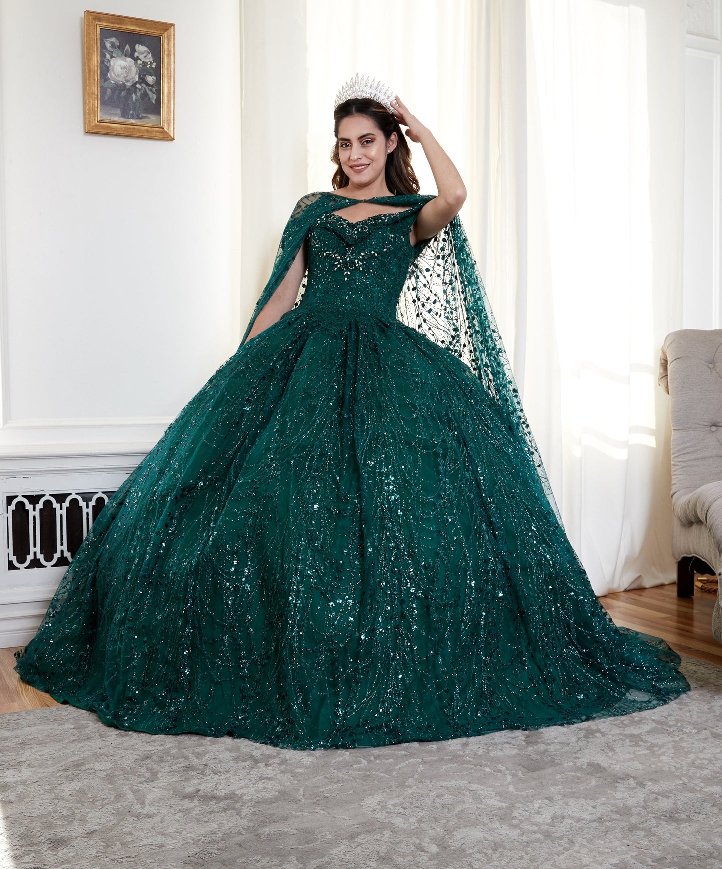 Cape Sleeve Glitter Quinceanera Dress Appliqué Off-Shoulder Ball Gown by Calla SCL-30003