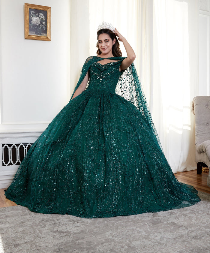 Cape Sleeve Glitter Quinceanera Dress Appliqué Off-Shoulder Ball Gown by Calla SCL-30003