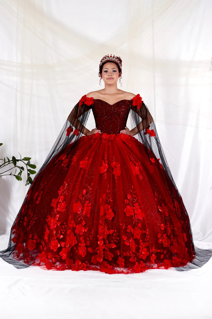 Floral Quinceanera Dress Off-Shoulder Cape Sleeve Ball Gown by Calla SCL-30007