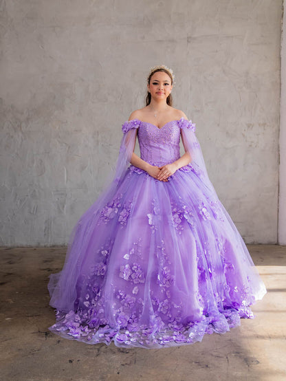 Floral Quinceanera Dress Off-Shoulder Cape Sleeve Ball Gown by Calla SCL-30007