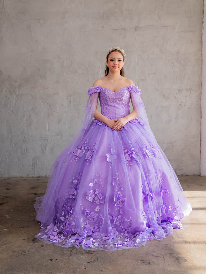 Floral Quinceanera Dress Off-Shoulder Cape Sleeve Ball Gown by Calla SCL-30007