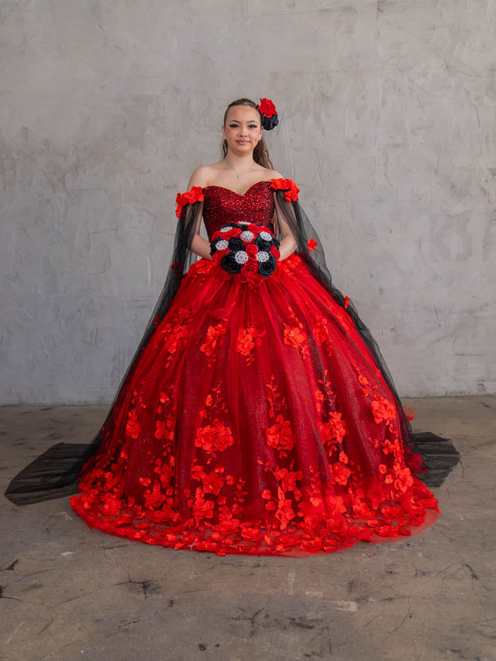 Floral Quinceanera Dress Off-Shoulder Cape Sleeve Ball Gown by Calla SCL-30007