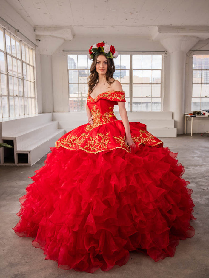 Ruffled Charro Quinceanera Dress Off Shoulder Ball Gown by Calla SCL-30013