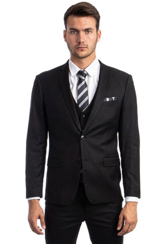 Men's Two Button Slim Fit Vested Solid Basic Color Suit in Black - Men's Tuxedo USA