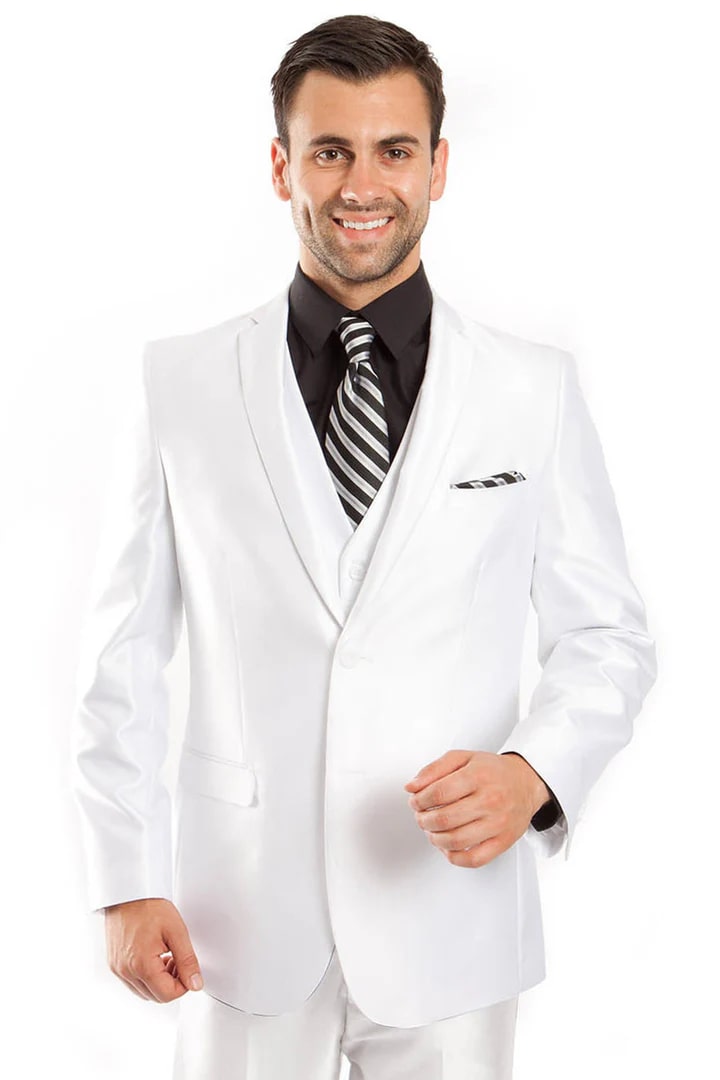 White Wedding Suit For Men - Perfect For Groom -Men's Two Button Vested Shiny Sharkskin Wedding & Prom Fashion Suit In White - Men's Tuxedo USA