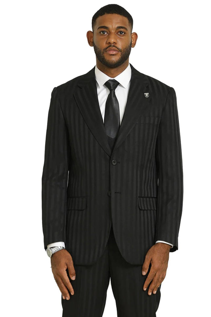 Stacy Adams Modern Fit Black Suit  Vested Tonal Shadow Pinstripe Style