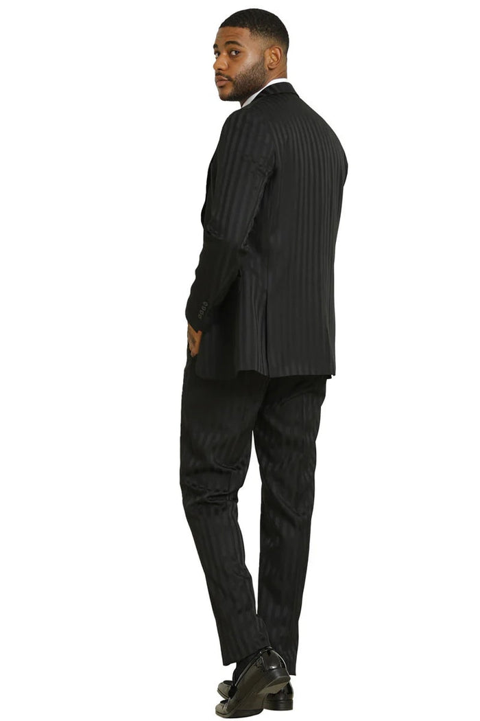 Stacy Adams Modern Fit Black Suit  Vested Tonal Shadow Pinstripe Style