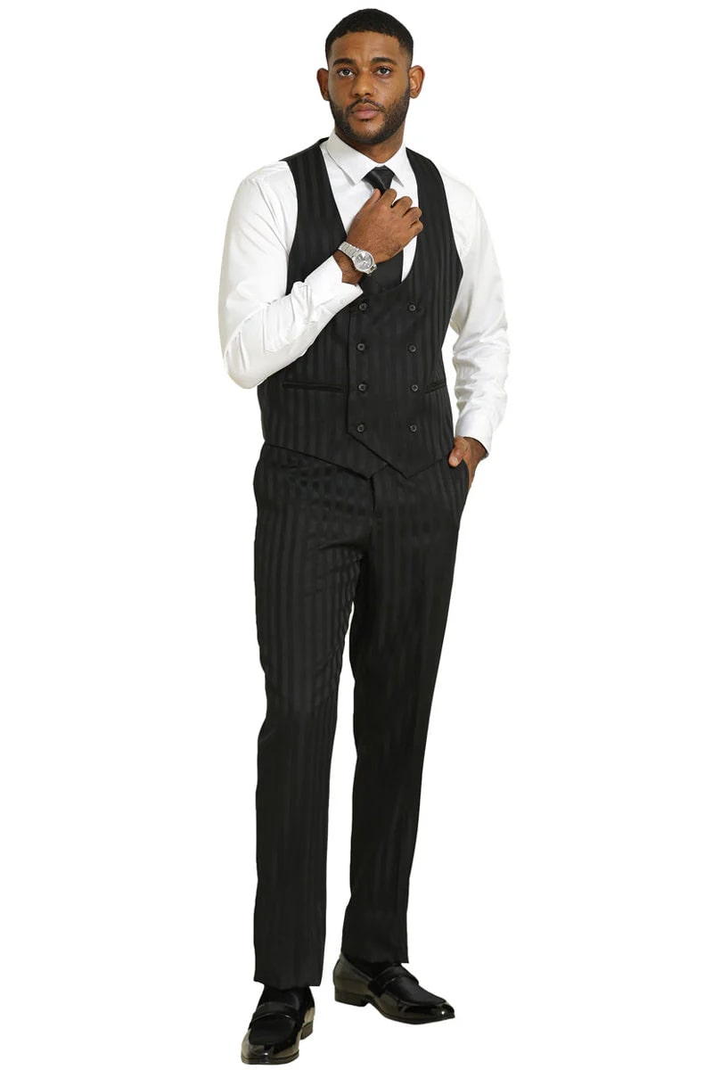 Stacy Adams Modern Fit Black Suit  Vested Tonal Shadow Pinstripe Style
