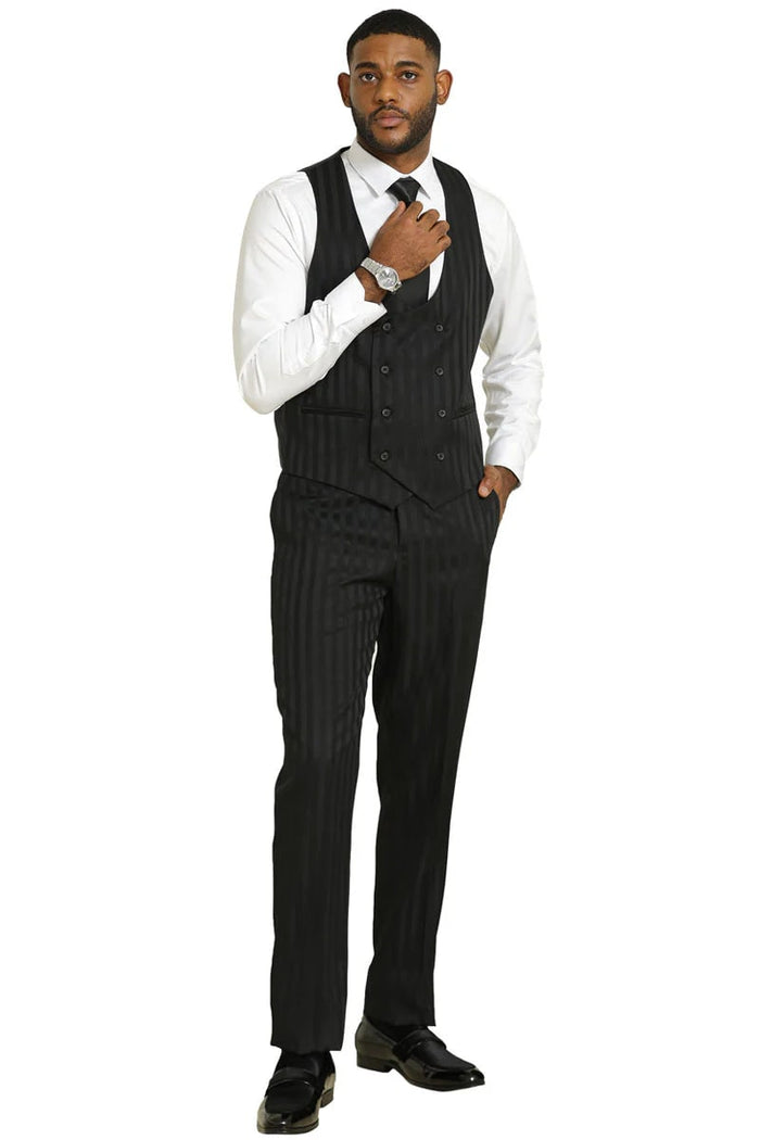 Stacy Adams Modern Fit Black Suit  Vested Tonal Shadow Pinstripe Style