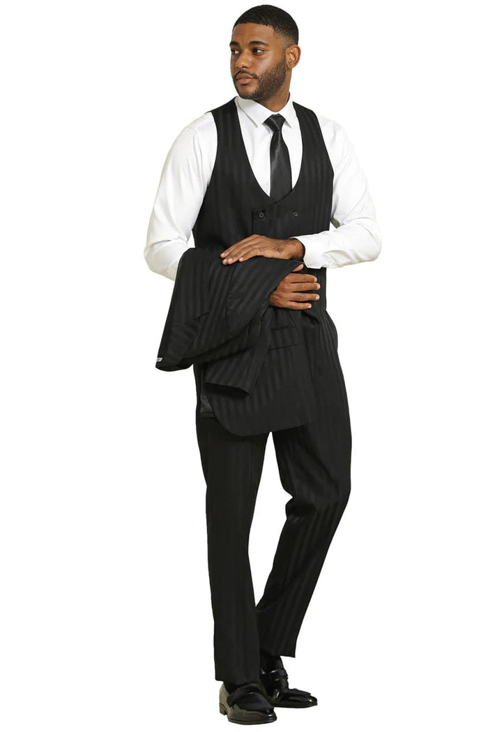 Stacy Adams Modern Fit Black Suit  Vested Tonal Shadow Pinstripe Style
