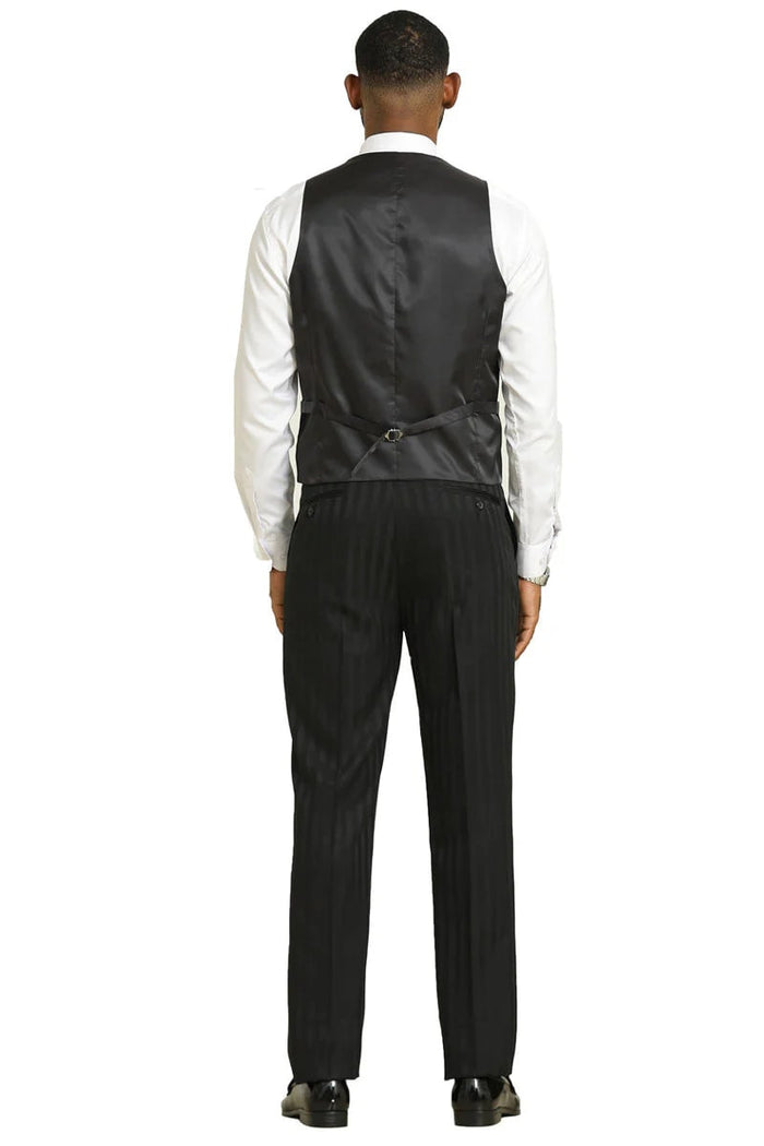 Stacy Adams Modern Fit Black Suit  Vested Tonal Shadow Pinstripe Style