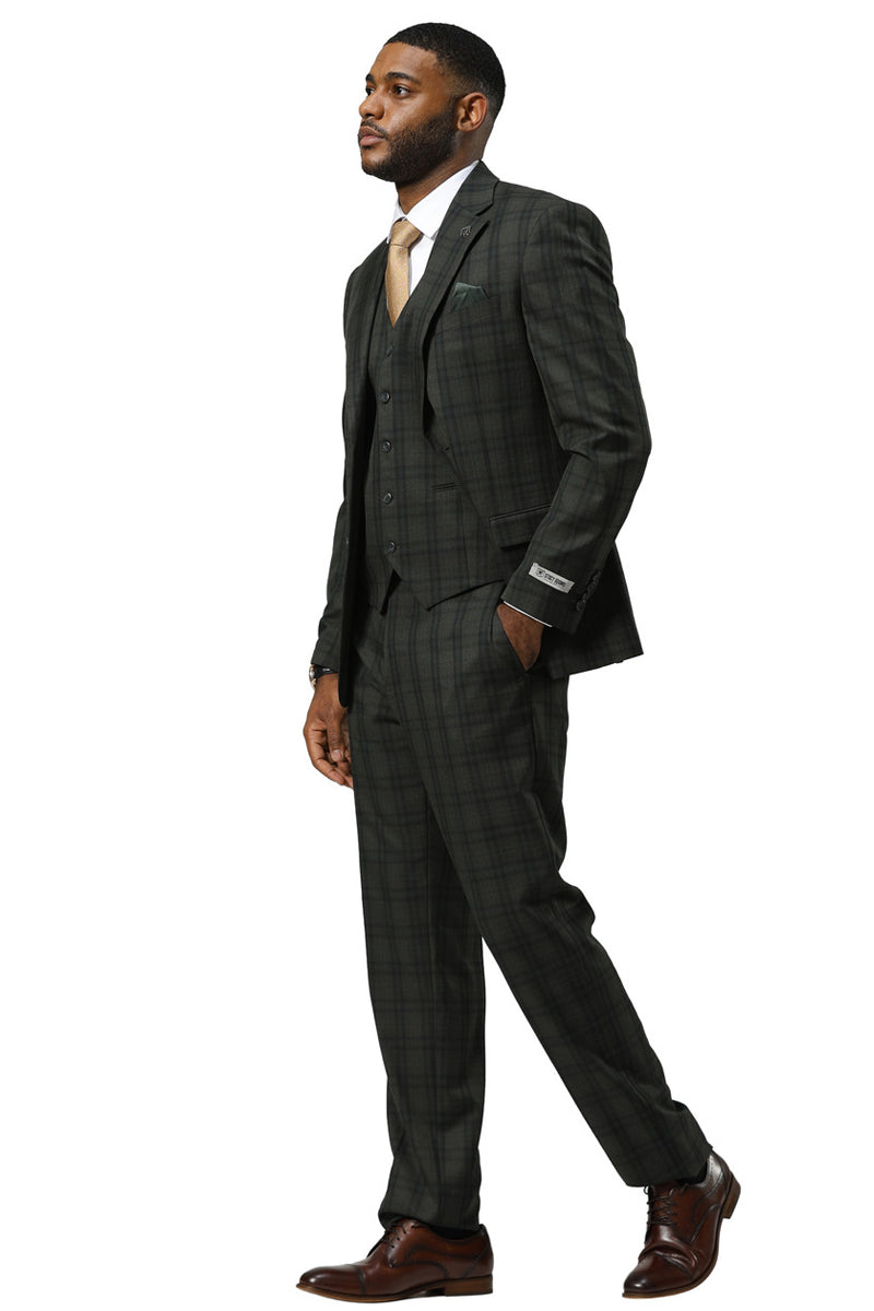 Men's Stacy Adams Modern Fit Vested Suit in Dark Hunter Green Double Windowpane Plaid