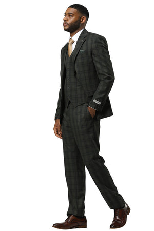 Men's Stacy Adams Modern Fit Vested Suit in Dark Hunter Green Double Windowpane Plaid