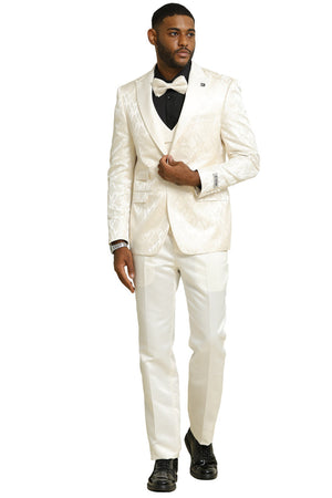 Men's Stacy Adams Shiny Brocade Wedding & Prom Tuxedo with Double Breasted Vest in Ivory