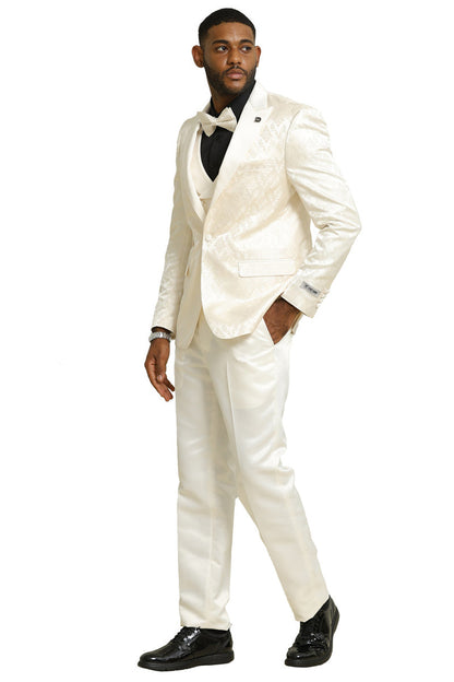 Men's Stacy Adams Shiny Brocade Wedding & Prom Tuxedo with Double Breasted Vest in Ivory
