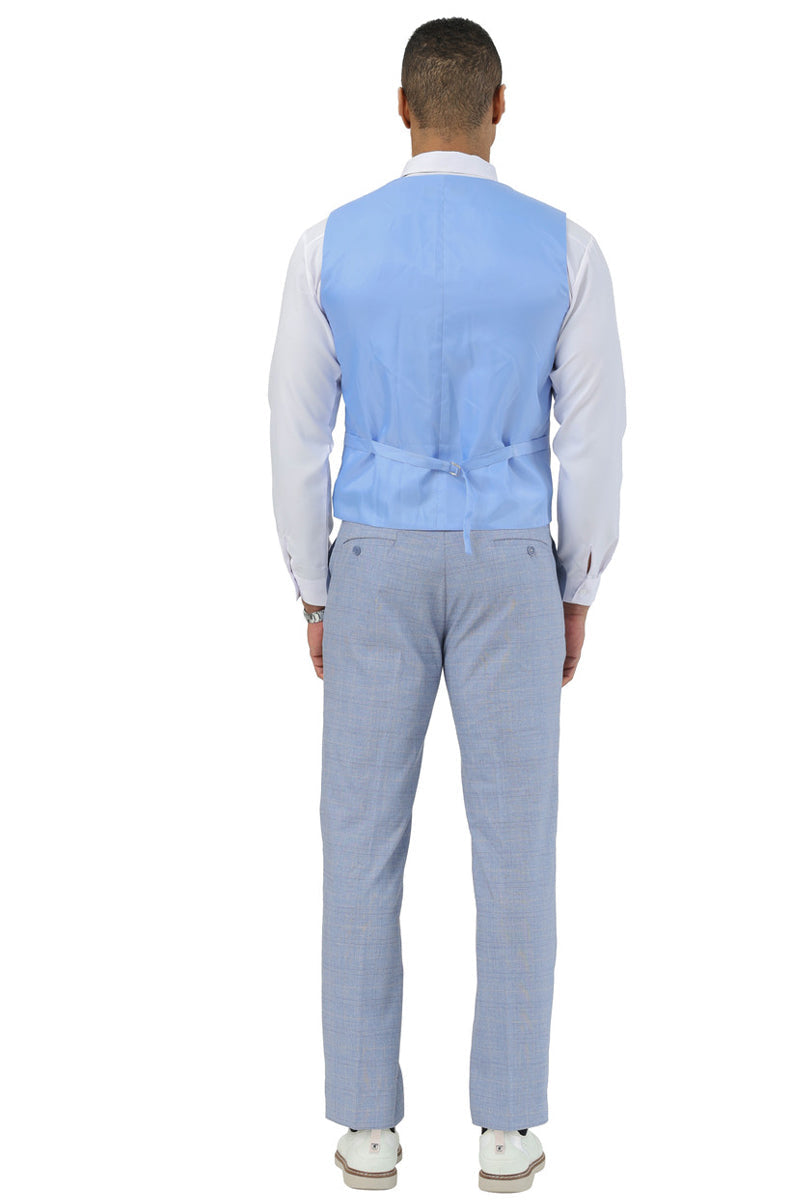 Men's Stacy Adams Two Button Vested Summer Suit in Light Blue Glen Plaid