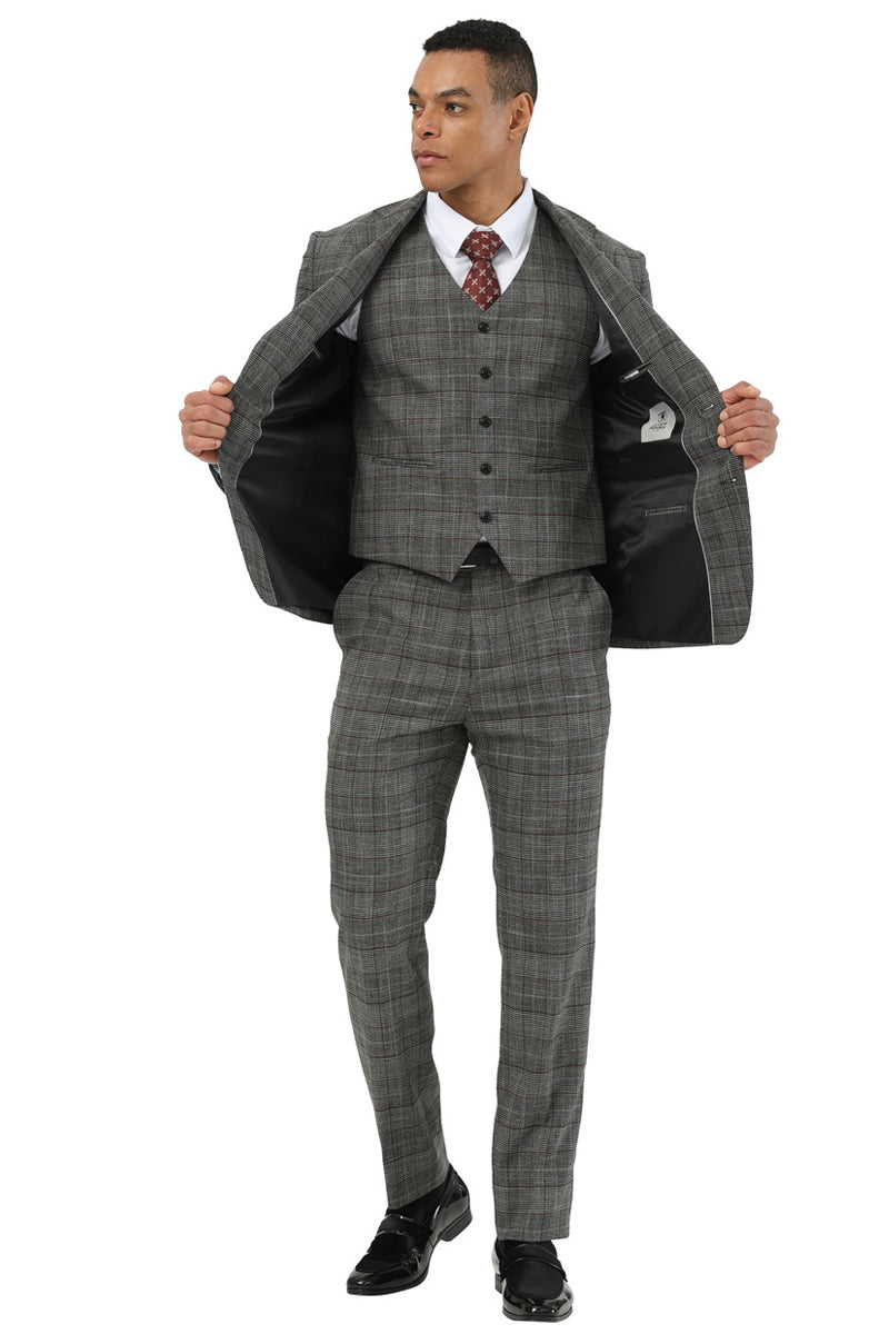 Men's Stacy Adams Two Button Wide Notch Lapel Vested Suit in Black Glen Plaid