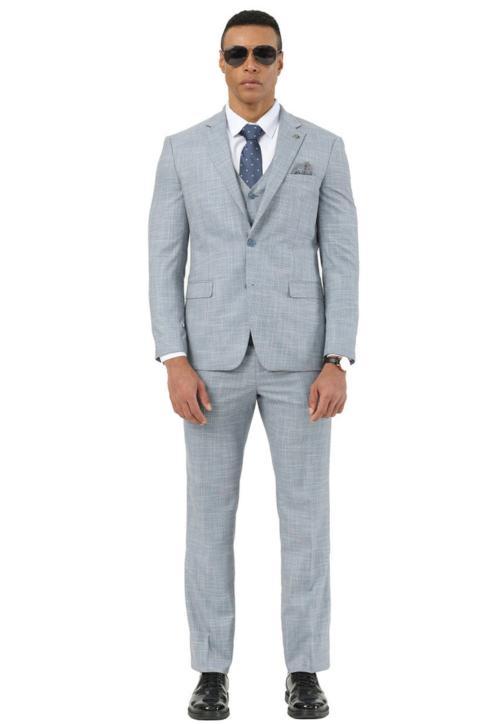 Men's Designer Stacy Adams Vested Suit in Light Grey Sharkskin Weave