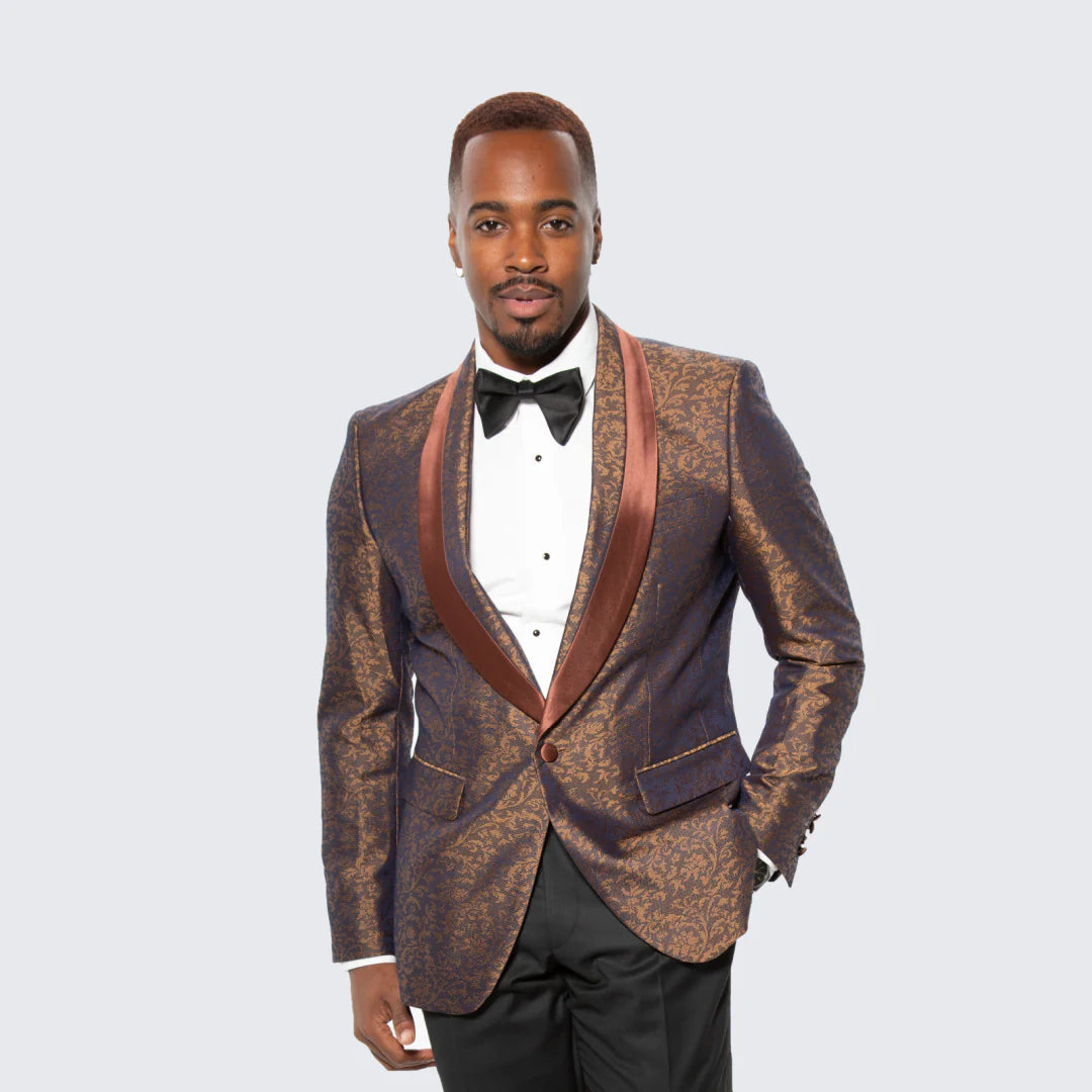 Mens Brown Paisley Tuxedo with Brown Satin Lapel and  Black Pants – Formal Wedding Suit with Chain Brooch