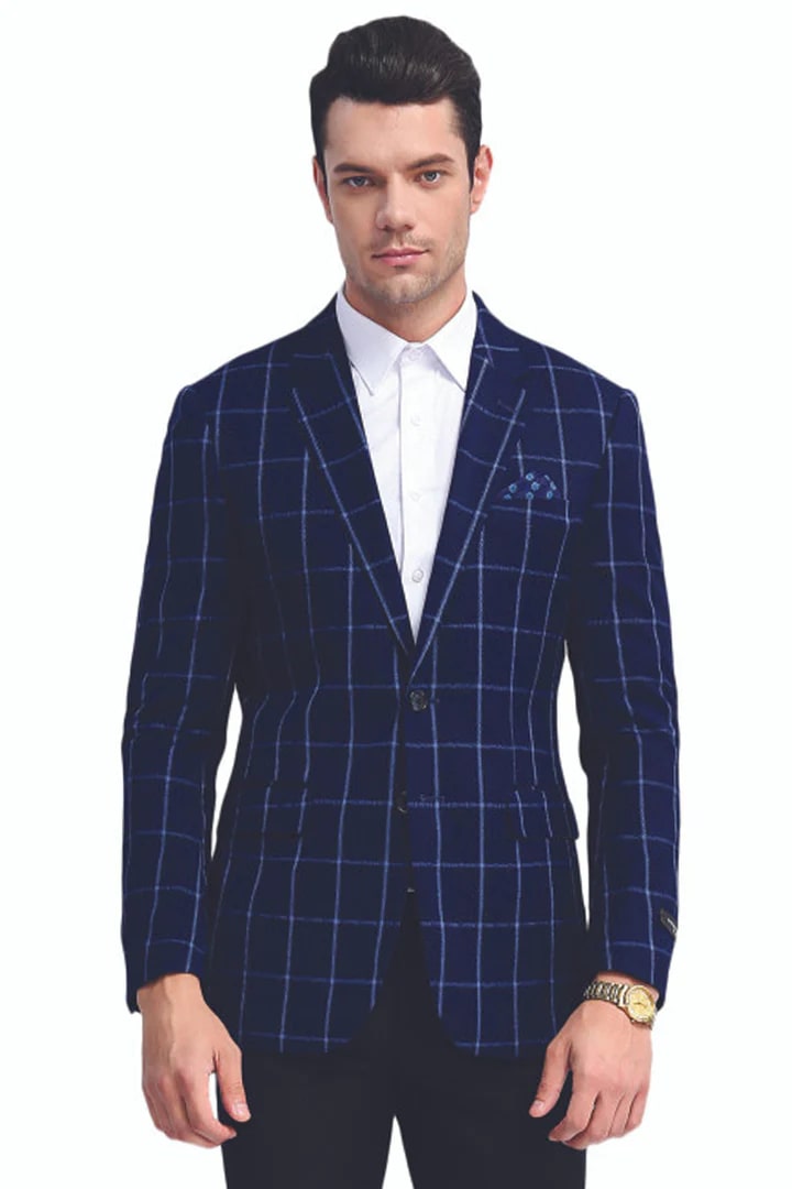 Saco vaquero - Western Sport Coat - Western Blazer- Men's Slim Fit Two Button Chalk Bold Windowpane Sport Coat In Navy Blue