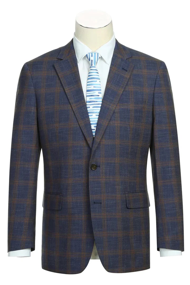 Saco vaquero - Western Sport Coat - Western Blazer - Mens Slim Fit Two Button Sport Coat Blazer In Navy Blue & Gold Windowpane Plaid