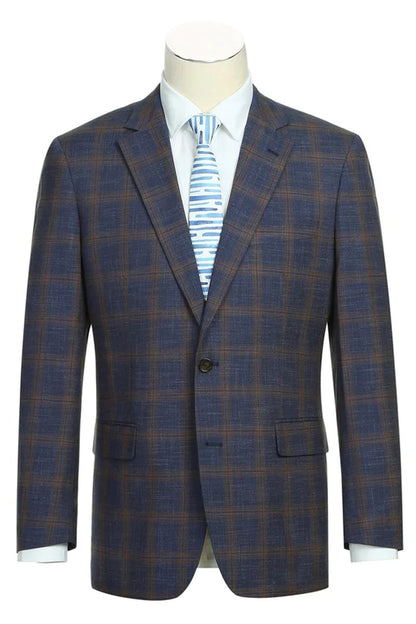 Saco vaquero - Western Sport Coat - Western Blazer - Mens Slim Fit Two Button Sport Coat Blazer In Navy Blue & Gold Windowpane Plaid