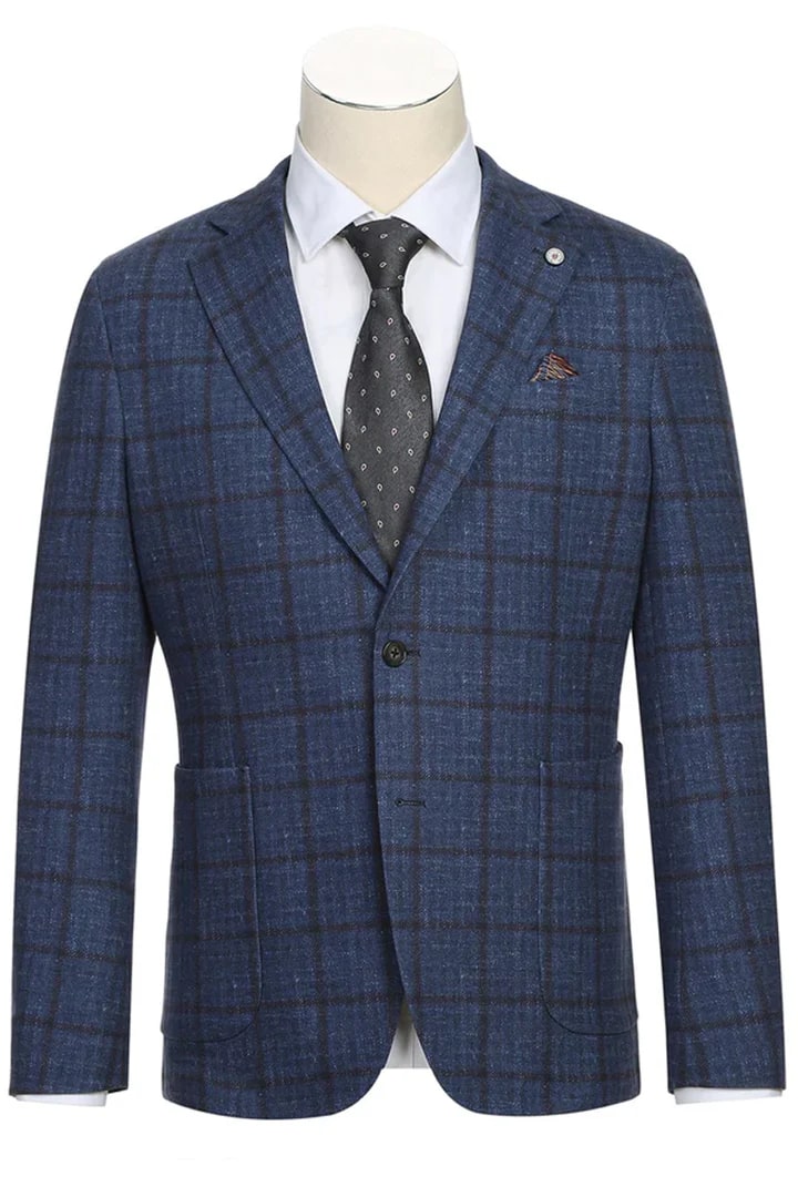 Saco vaquero - Western Sport Coat - Western Blazer  - Mens Slim Fit Half Canvas Patch Pocket Summer Cotton Blazer In Navy Blue Windowpane Plaid