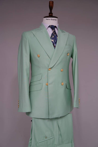 Mens Sage Green Double-Breasted Suit with Gold Buttons  Formal Slim Fit 2-Piece Pistachio Color