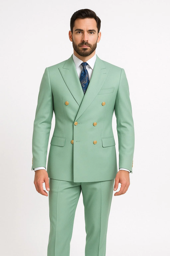 Mens Sage Green Double-Breasted Suit with Gold Buttons  Formal Slim Fit 2-Piece Pistachio Color