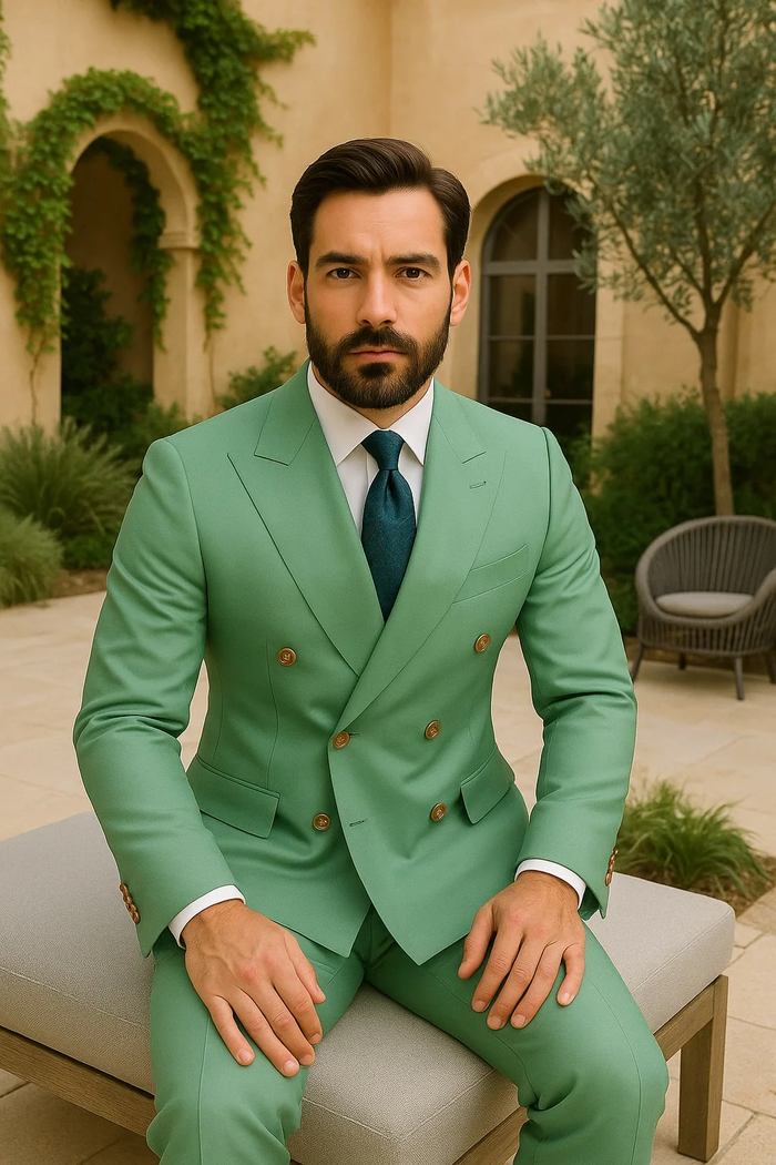 Mens Sage Green Double-Breasted Suit with Gold Buttons  Formal Slim Fit 2-Piece Pistachio Color