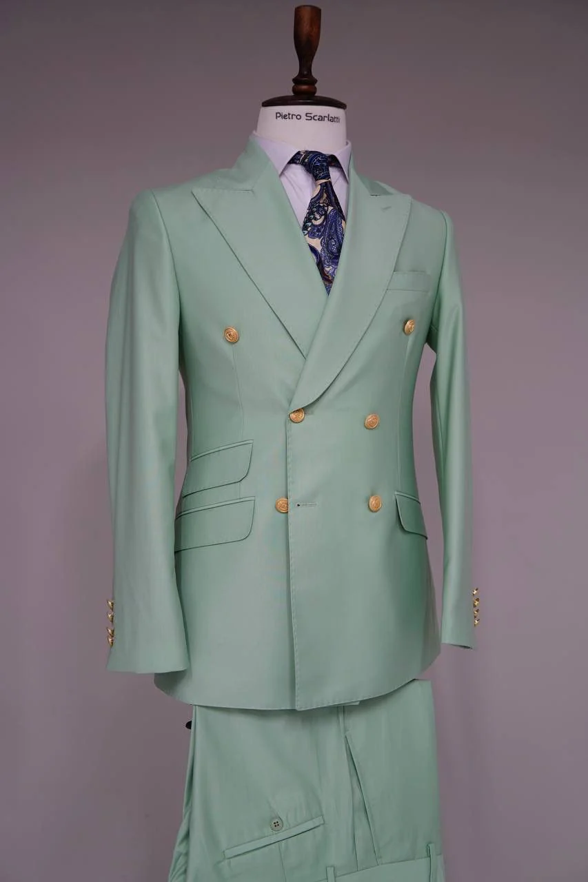 Mens Sage Green Double-Breasted Suits with Gold Button  Formal Slim Fit 2-Piece Pistachio Color