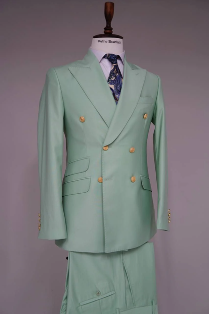 Mens Sage Green Double-Breasted Suits with Gold Button  Formal Slim Fit 2-Piece Pistachio Color