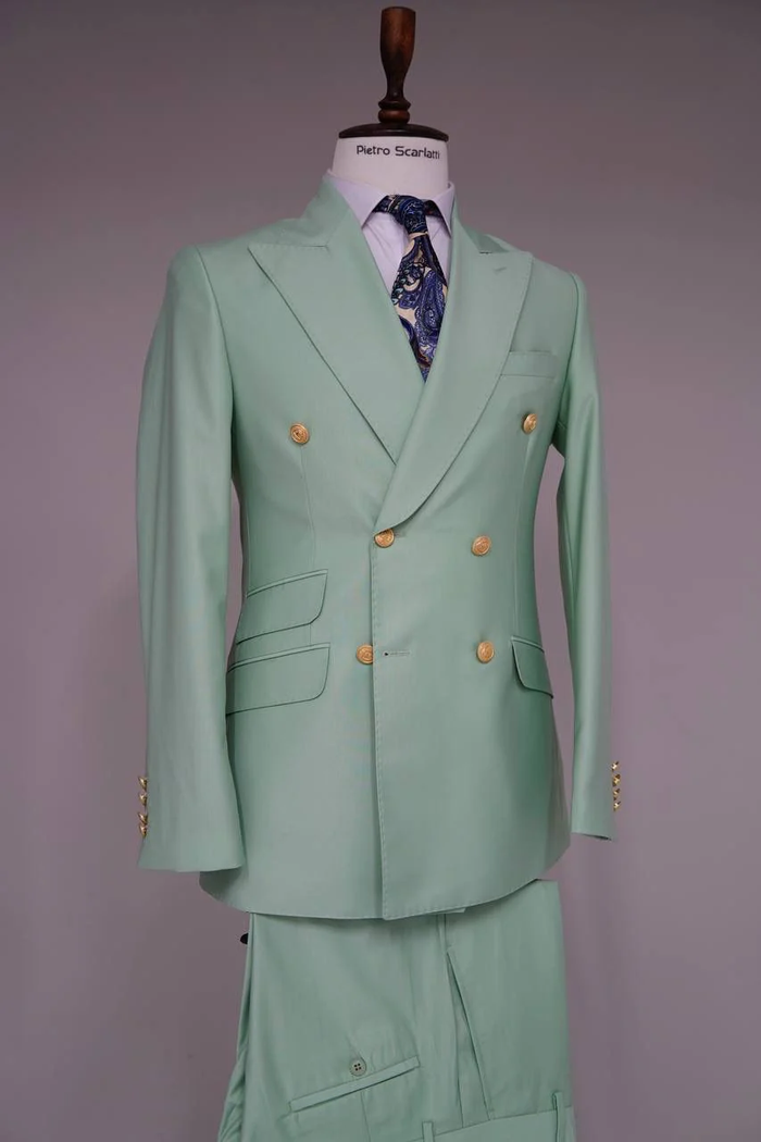 Mens Sage Green Double-Breasted Suit with Gold Buttons  Formal Slim Fit 2-Piece Pistachio Color