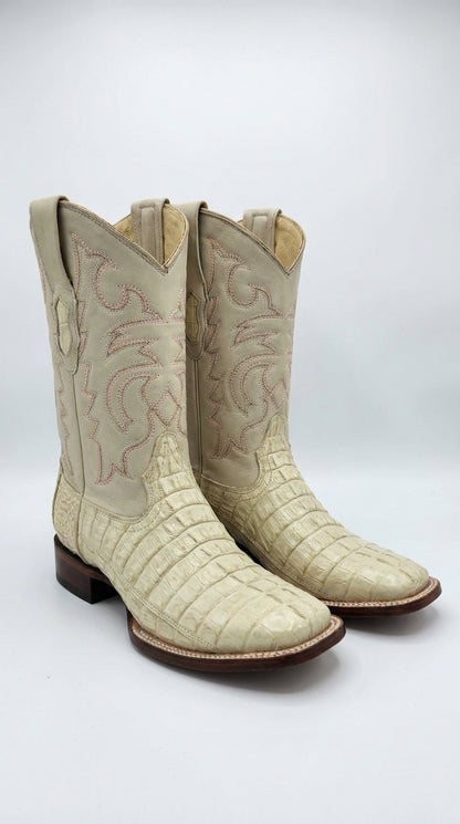Men’s Winter White Caiman Tail Square Toe Cowboy Boots – Exotic Western Dress Boots