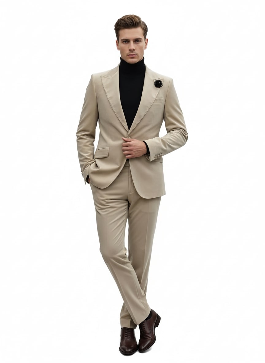 Mens Sand Beige Velvet Tuxedo Suit – 2 Piece Slim Fit Blazer and Pants Formal Set - Winter Fabric Natural Color