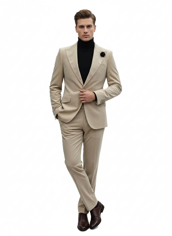 Mens Sand Beige Velvet Tuxedo Suit  2 Piece Slim Fit Blazer and Pants Formal Set - Winter Fabric Natural Color