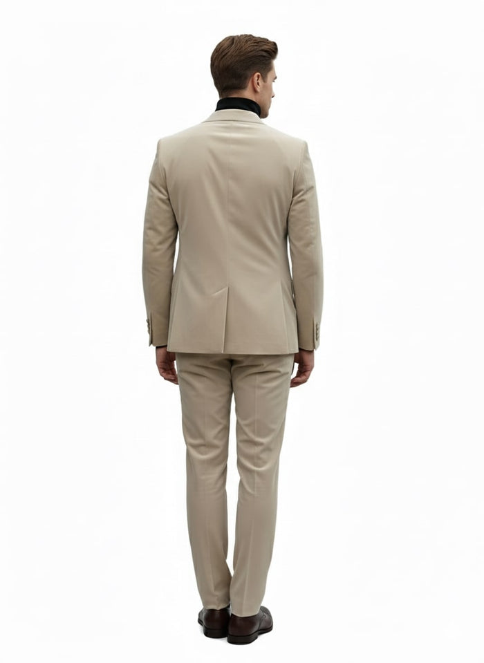 Mens Sand Beige Velvet Tuxedo Suit  2 Piece Slim Fit Blazer and Pants Formal Set - Winter Fabric Natural Color