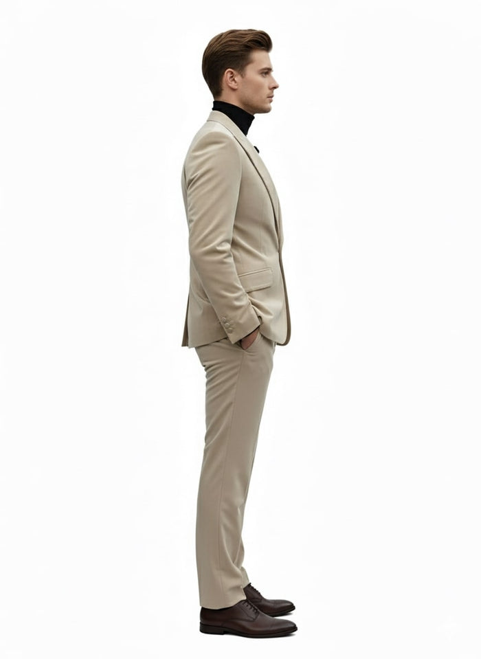 Mens Sand Beige Velvet Tuxedo Suit  2 Piece Slim Fit Blazer and Pants Formal Set - Winter Fabric Natural Color