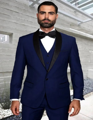 Blue Wedding Tuxedo - Men's Designer Wool One Button Shawl Lapel Wedding Sapphire Blue and Black Tuxedo