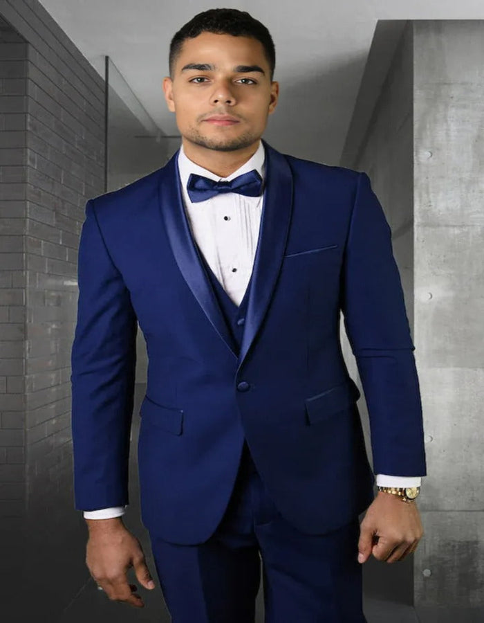 Blue Wedding Tuxedo - Men's Designer Wool One Button Shawl Lapel Wedding Sapphire Blue Tuxedo