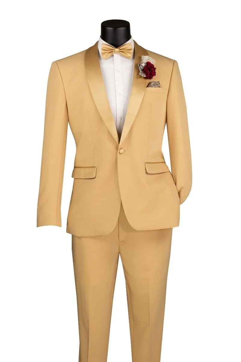 Light Gold Tuxedo Suit for Men  Elegant Two-Piece Wedding and Prom Suit with Satin Shawl Lapel - Mustard Color
