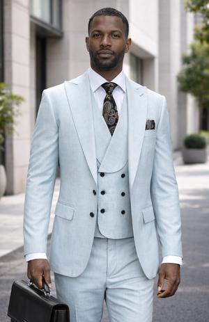 Statement Mens Modern Fit 3 Piece 100% Super 200s Wool Powder Blue Plaid Suit – Peak Lapel, Double Breasted Vest